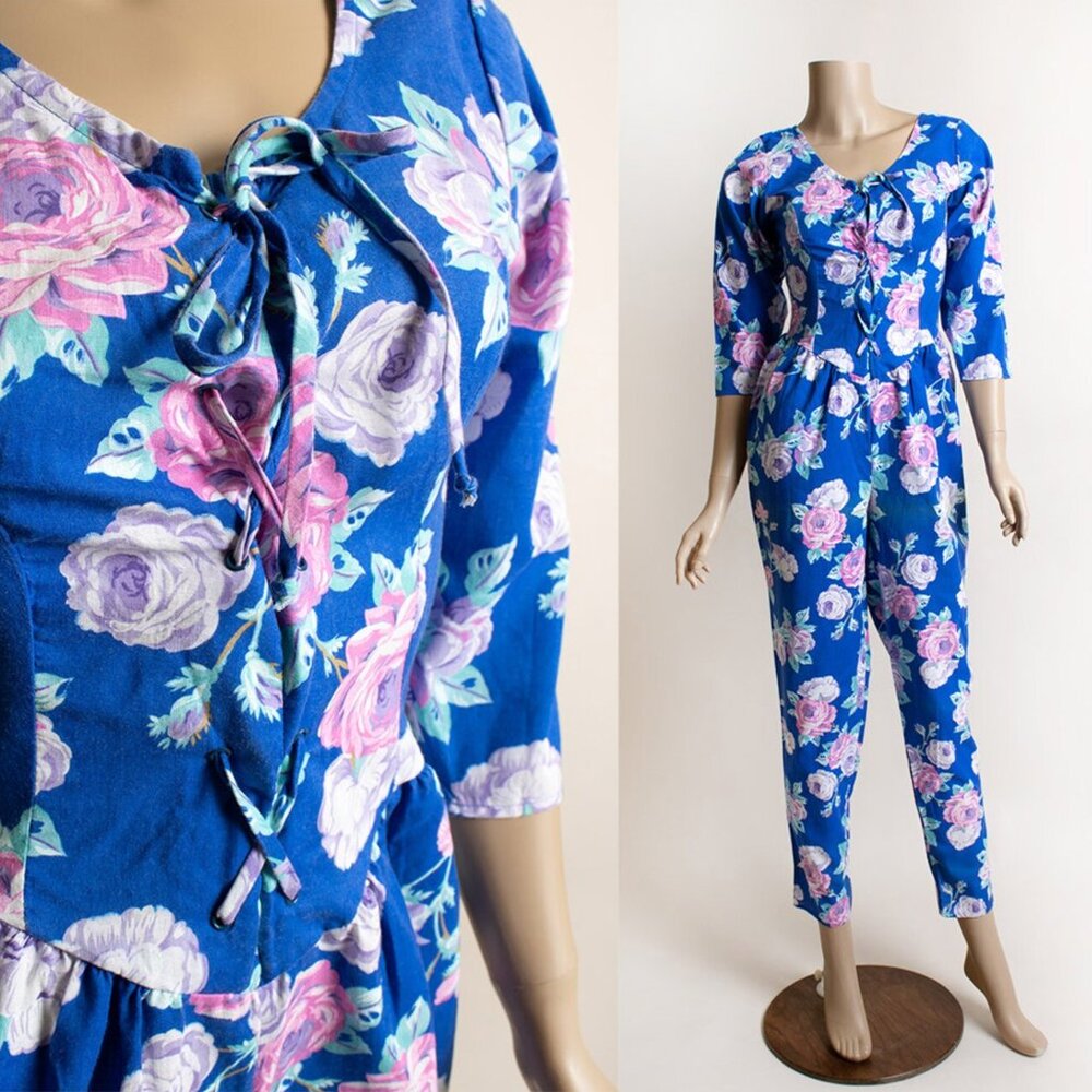 Vintage 1980s Blue Pink Floral Corset Jumpsuit Cottagecore Grannie 80s Rose S